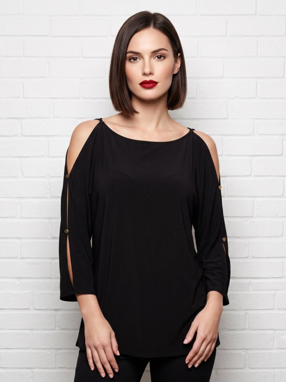 Jones New York Black Blouse Size Large Top Cold Shoulder Gold Snaps Boat Neck